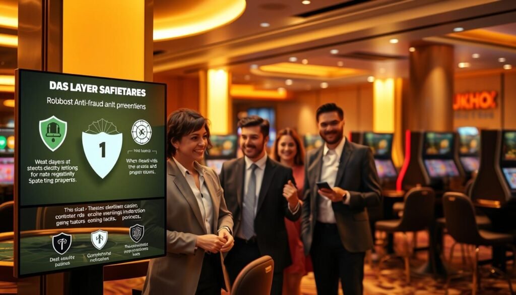 A high-resolution, photorealistic image of a stylish and secure online casino environment, featuring prominent displays highlighting the robust anti-fraud and data protection mechanisms of UHO88 casino. The scene is bathed in warm, soft lighting, creating a sense of trust and safety. In the foreground, a series of intuitive security icons and infographic elements illustrate the multi-layered safeguards in place, guiding players through the comprehensive prevention tactics. In the middle ground, a group of smiling, well-dressed individuals casually engage with the interactive features, conveying the seamless user experience. The background showcases the clean, modern aesthetic of the UHO88 platform, with subtle branding elements integrated into the overall design. A high-resolution, photorealistic image of a stylish and secure online casino environment, featuring prominent displays highlighting the robust anti-fraud and data protection mechanisms of UHO88 casino. The scene is bathed in warm, soft lighting, creating a sense of trust and safety. In the foreground, a series of intuitive security icons and infographic elements illustrate the multi-layered safeguards in place, guiding players through the comprehensive prevention tactics. In the middle ground, a group of smiling, well-dressed individuals casually engage with the interactive features, conveying the seamless user experience. The background showcases the clean, modern aesthetic of the UHO88 platform, with subtle branding elements integrated into the overall design.