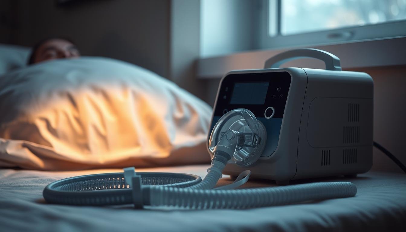 A detailed closeup view of a modern sleep apnea CPAP machine, the iCareCPAP, placed on a bedside table. The device is shown in a muted, neutral color palette, with a clean, minimalist design. Soft, diffused lighting from a nearby window illuminates the machine, creating a calming, therapeutic atmosphere. The CPAP mask and tubing are neatly arranged next to the machine, conveying a sense of ease and comfort in the sleep apnea care routine. The scene evokes a serene, high-quality medical environment focused on personalized, attentive sleep health management.