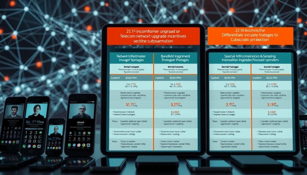 A detailed comparison of the telecom network upgrade incentives offered by Telecombrother, showcasing the differential investment strategies targeting specific customer segments. The foreground depicts an array of personalized mobile devices, each representing a distinct subscriber profile. The middle ground features a sleek, futuristic interface displaying comparative data on network infrastructure upgrades, bandwidth improvements, and special promotional packages. The background subtly suggests the underlying technical complexity, with a mesh of interconnected lines and nodes symbolizing the telecommunications landscape. The overall mood is one of informed decision-making, emphasizing the strategic nuances in Telecombrother's customer-centric approach to network transformation. A detailed comparison of the telecom network upgrade incentives offered by Telecombrother, showcasing the differential investment strategies targeting specific customer segments. The foreground depicts an array of personalized mobile devices, each representing a distinct subscriber profile. The middle ground features a sleek, futuristic interface displaying comparative data on network infrastructure upgrades, bandwidth improvements, and special promotional packages. The background subtly suggests the underlying technical complexity, with a mesh of interconnected lines and nodes symbolizing the telecommunications landscape. The overall mood is one of informed decision-making, emphasizing the strategic nuances in Telecombrother's customer-centric approach to network transformation.