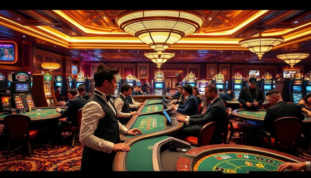 Generate an image of a luxurious casino with professional dealers and players enjoying various games.
