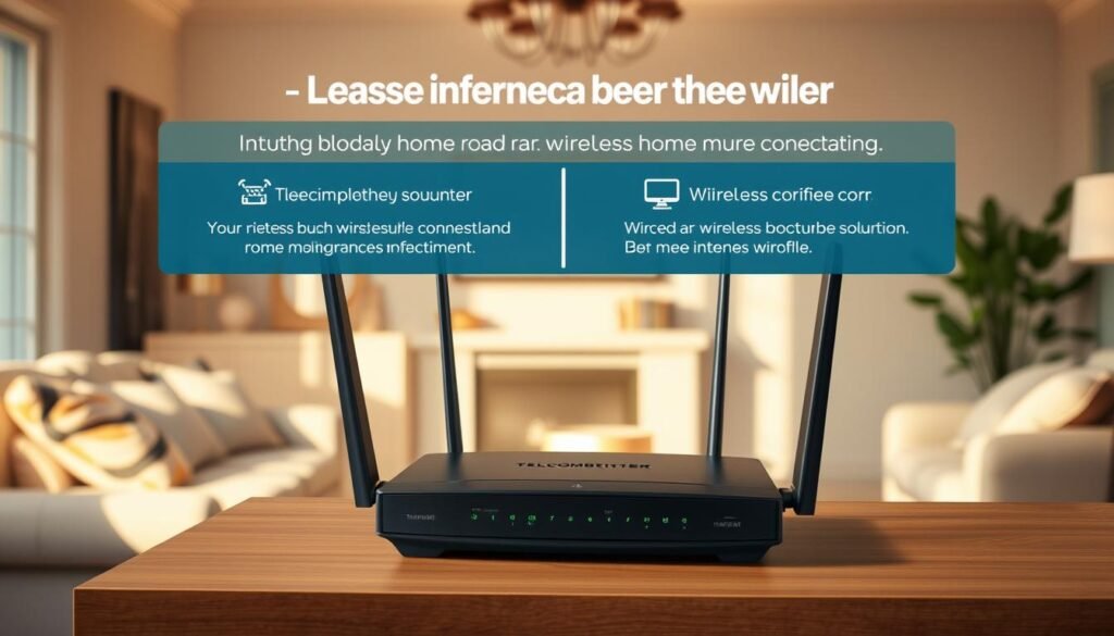 A cozy home interior with a prominent display showcasing a Telecombrother broadband router, featuring both wired and wireless connectivity options. The scene is bathed in warm, natural lighting, with clean, minimalist decor complementing the high-tech device. The image conveys a sense of seamless digital integration within the domestic space, inviting the viewer to consider the advantages and trade-offs of wired versus wireless home internet solutions. A cozy home interior with a prominent display showcasing a Telecombrother broadband router, featuring both wired and wireless connectivity options. The scene is bathed in warm, natural lighting, with clean, minimalist decor complementing the high-tech device. The image conveys a sense of seamless digital integration within the domestic space, inviting the viewer to consider the advantages and trade-offs of wired versus wireless home internet solutions.