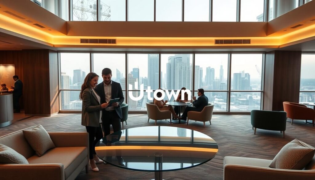 A cozy, well-lit interior of a modern financial services lounge within a high-end entertainment complex. The space features sleek, minimalist furnishings, ample natural lighting, and a calming, sophisticated ambiance. In the foreground, a young professional couple are engaged in a friendly discussion, examining financial documents on a tablet device. In the middle ground, a group of smartly dressed individuals are seated at a curved glass-topped table, deep in conversation. The background showcases a panoramic view of the city skyline through floor-to-ceiling windows, creating a sense of urban sophistication. The UTown logo is subtly incorporated into the design, reflecting the brand's innovative financial services within the entertainment hub. A cozy, well-lit interior of a modern financial services lounge within a high-end entertainment complex. The space features sleek, minimalist furnishings, ample natural lighting, and a calming, sophisticated ambiance. In the foreground, a young professional couple are engaged in a friendly discussion, examining financial documents on a tablet device. In the middle ground, a group of smartly dressed individuals are seated at a curved glass-topped table, deep in conversation. The background showcases a panoramic view of the city skyline through floor-to-ceiling windows, creating a sense of urban sophistication. The UTown logo is subtly incorporated into the design, reflecting the brand's innovative financial services within the entertainment hub.