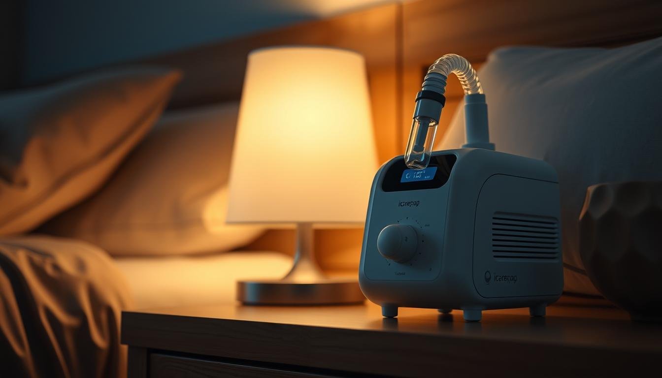 A detailed, high-quality, photorealistic image of an iCareCPAP sleep apnea machine on a bedside table, illuminated by a warm, soft light from a nearby lamp. The machine has a sleek, modern design with clean lines and a minimalist aesthetic. The surrounding environment is a cozy, serene bedroom, with a partially visible wooden headboard and neutral-toned bedding visible in the background. The image conveys a sense of comfort and ease, reflecting the psychological adjustment process of using a sleep apnea machine for the first time.