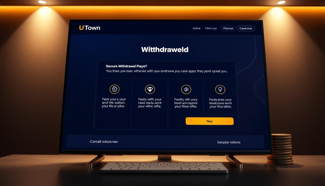 A modern and sleek UTown cryptocurrency gaming platform, showcasing a seamless and secure withdrawal process. A well-designed user interface displays step-by-step instructions, guiding the user through the withdrawal flow with intuitive icons and clean typography. The scene is bathed in a warm, inviting glow, creating a sense of trust and reliability. The background features subtle blockchain-inspired patterns, hinting at the platform's cutting-edge technology. The overall composition conveys a professional, yet accessible experience, reflecting the platform's commitment to user-centric design and efficient transaction handling.