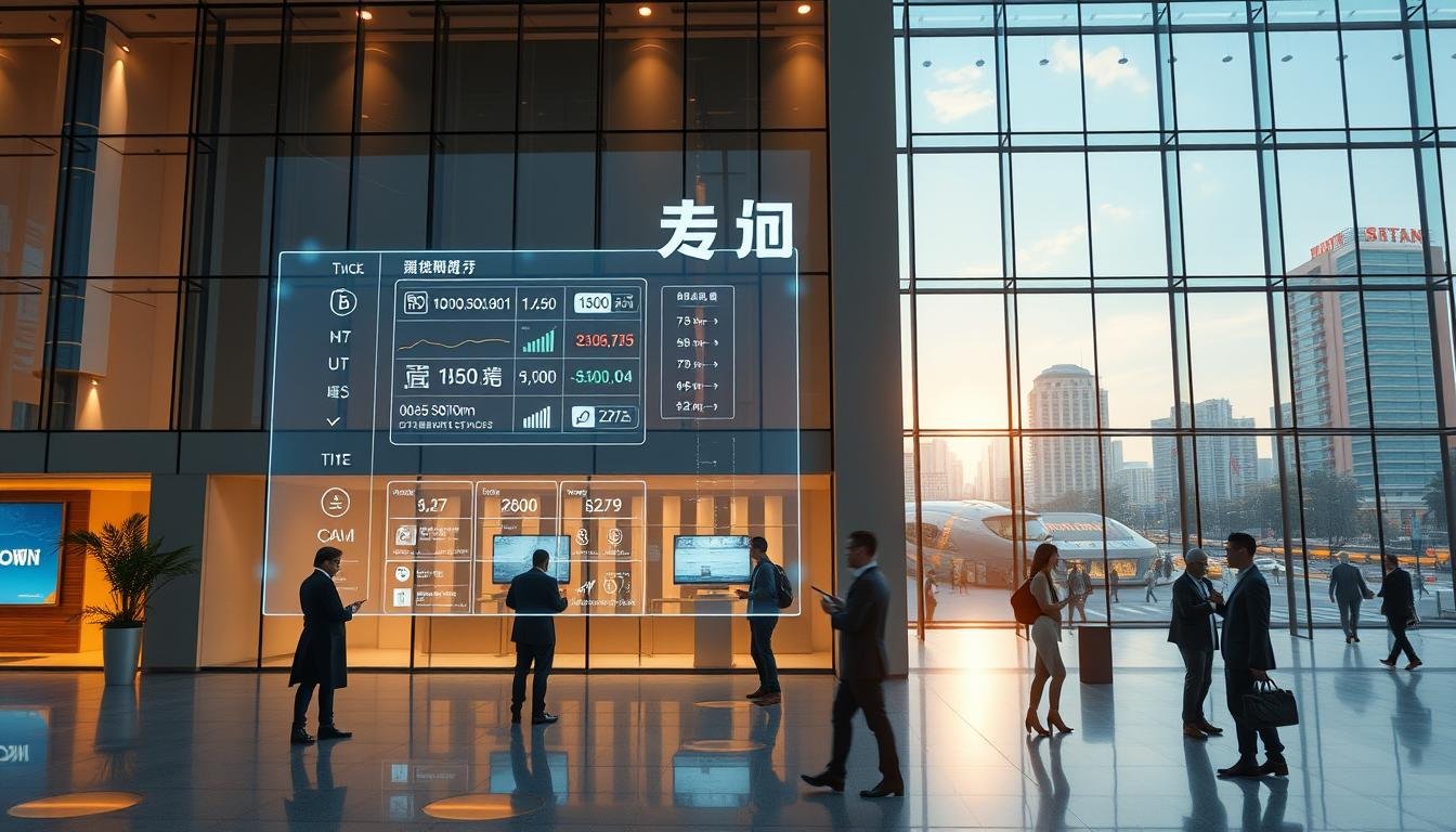 A modern, sleek financial services center in the heart of UTown, a state-of-the-art casino and entertainment complex. The building's facade features a minimalist, geometric design with clean lines and large glass panels that allow natural light to flood the interior. In the foreground, a holographic display showcases the "優收益" financial services, depicting various investment options and returns. The middle ground shows well-dressed professionals and patrons engaging with touchscreen interfaces, while the background reveals the bustling cityscape beyond, hinting at the wider integration of UTown's innovative ecosystem. The scene conveys a sense of technological sophistication, financial opportunity, and a forward-thinking approach to modern entertainment and finance.