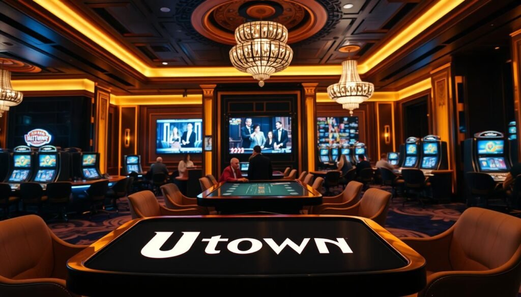 A modern, stylish casino interior with a focus on live dealer video games. Dimly lit with warm lighting, sleek and sophisticated furniture, and a large central gaming table with a large video screen displaying a live dealer and players. In the foreground, the UTown brand logo is prominently displayed on the gaming table. The middle ground showcases players engaged in a lively game, their expressions animated and excited. The background features a high-end, luxurious ambiance with rich textures, ornate decor, and a sense of exclusivity. The overall atmosphere conveys an immersive, thrilling, and premium live casino experience.