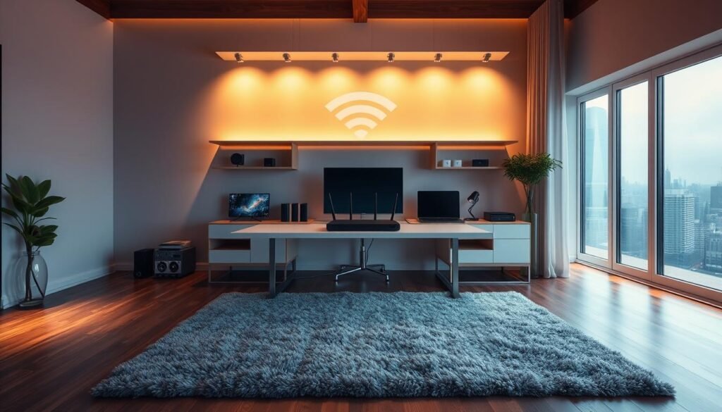 A modern, well-lit interior scene showcasing the optimization of a Telecombrother home router's positioning for optimal Wi-Fi coverage. The router is prominently displayed on a clean, minimalist desk, surrounded by a variety of electronic devices. Warm, indirect lighting illuminates the scene, creating a cozy and inviting atmosphere. The middle ground features a hardwood floor and a large, plush rug, while the background depicts a large window overlooking a cityscape. The overall composition highlights the importance of strategic router placement for reliable, high-speed home internet connectivity. A modern, well-lit interior scene showcasing the optimization of a Telecombrother home router's positioning for optimal Wi-Fi coverage. The router is prominently displayed on a clean, minimalist desk, surrounded by a variety of electronic devices. Warm, indirect lighting illuminates the scene, creating a cozy and inviting atmosphere. The middle ground features a hardwood floor and a large, plush rug, while the background depicts a large window overlooking a cityscape. The overall composition highlights the importance of strategic router placement for reliable, high-speed home internet connectivity.