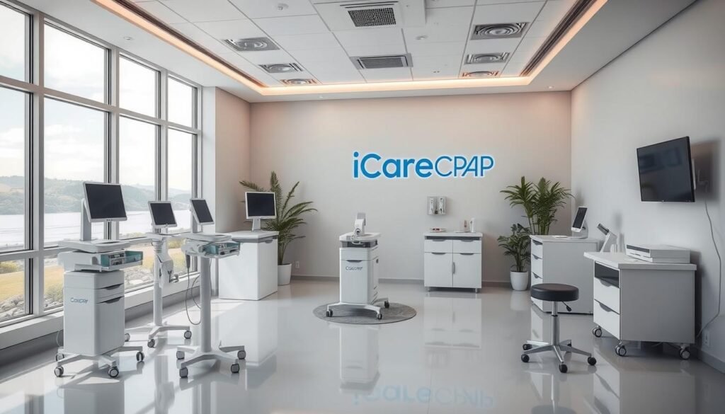 A serene and modern sleep apnea machine center, with the iCareCPAP brand prominently displayed. A clean, well-lit interior features sleek, minimalist medical equipment arranged in an inviting, clinic-like setting. Soft lighting and muted colors create a calming atmosphere, while large windows offer a view of a tranquil outdoor landscape. The space conveys a sense of professionalism, comfort, and state-of-the-art sleep therapy. Patients are guided through the process of using the iCareCPAP sleep apnea machine by attentive and knowledgeable staff, ensuring a seamless and reassuring experience. A serene and modern sleep apnea machine center, with the iCareCPAP brand prominently displayed. A clean, well-lit interior features sleek, minimalist medical equipment arranged in an inviting, clinic-like setting. Soft lighting and muted colors create a calming atmosphere, while large windows offer a view of a tranquil outdoor landscape. The space conveys a sense of professionalism, comfort, and state-of-the-art sleep therapy. Patients are guided through the process of using the iCareCPAP sleep apnea machine by attentive and knowledgeable staff, ensuring a seamless and reassuring experience.