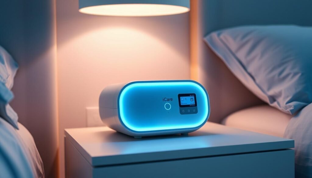 A sleek, modern iCareCPAP machine rests on a minimalist nightstand, its subtle blue glow illuminating the serene bedroom. The device's smooth, curved design and discreet interface convey a sense of comfort and ease. Soft ambient lighting casts a warm, calming atmosphere, inviting the user to embrace the restorative power of sleep. The machine's elegant, unobtrusive presence suggests a seamless integration into the user's personal space, signaling the start of a restful and rejuvenating slumber. A sleek, modern iCareCPAP machine rests on a minimalist nightstand, its subtle blue glow illuminating the serene bedroom. The device's smooth, curved design and discreet interface convey a sense of comfort and ease. Soft ambient lighting casts a warm, calming atmosphere, inviting the user to embrace the restorative power of sleep. The machine's elegant, unobtrusive presence suggests a seamless integration into the user's personal space, signaling the start of a restful and rejuvenating slumber.