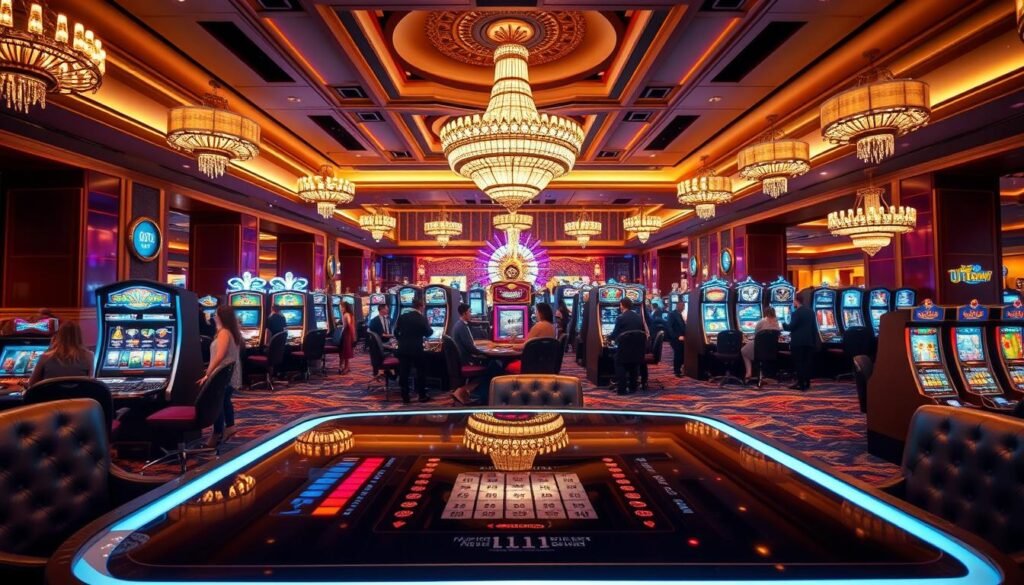 A vibrant, photorealistic image of the UTown entertainment city's gaming experience. In the foreground, a sleek, modern gaming table with a virtual slot machine displayed, surrounded by plush leather chairs. The middle ground features a panoramic view of the casino floor, with glamorously dressed patrons engaged in various games of chance. The background showcases the luxurious interior design, with high ceilings, ornate chandeliers, and warm, inviting lighting that creates a sophisticated ambiance. The overall scene conveys a sense of excitement, indulgence, and the allure of the UTown gaming experience. A vibrant, photorealistic image of the UTown entertainment city's gaming experience. In the foreground, a sleek, modern gaming table with a virtual slot machine displayed, surrounded by plush leather chairs. The middle ground features a panoramic view of the casino floor, with glamorously dressed patrons engaged in various games of chance. The background showcases the luxurious interior design, with high ceilings, ornate chandeliers, and warm, inviting lighting that creates a sophisticated ambiance. The overall scene conveys a sense of excitement, indulgence, and the allure of the UTown gaming experience.