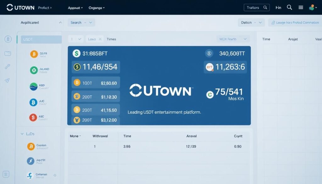 An overhead view of a financial transaction dashboard, displaying the comparison of USDT withdrawal processes across different blockchain networks. The foreground features various cryptocurrency logos, currency exchange rates, and withdrawal time indicators. The middle ground showcases a UTown brand logo, conveying a sense of a leading USDT entertainment platform. The background depicts a sleek, minimalist interface with subtle grid lines, creating a clean and professional aesthetic. The lighting is soft and diffused, emphasizing the clarity of the information displayed. The overall mood is one of efficiency, security, and a streamlined user experience. An overhead view of a financial transaction dashboard, displaying the comparison of USDT withdrawal processes across different blockchain networks. The foreground features various cryptocurrency logos, currency exchange rates, and withdrawal time indicators. The middle ground showcases a UTown brand logo, conveying a sense of a leading USDT entertainment platform. The background depicts a sleek, minimalist interface with subtle grid lines, creating a clean and professional aesthetic. The lighting is soft and diffused, emphasizing the clarity of the information displayed. The overall mood is one of efficiency, security, and a streamlined user experience.