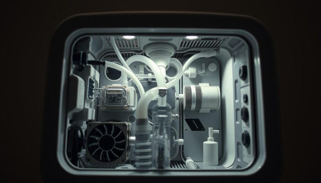 A close-up view of the internal components of an iCareCPAP sleep apnea machine, revealing the complex network of tubes, fans, and sensors that generate the noise during operation. The scene is illuminated by a soft, diffused light, casting subtle shadows and highlighting the intricate details of the machine's mechanics. The background is a muted, clinical setting, emphasizing the medical nature of the device. The overall mood is one of technical precision and the underlying function of the machine in providing respiratory support. A close-up view of the internal components of an iCareCPAP sleep apnea machine, revealing the complex network of tubes, fans, and sensors that generate the noise during operation. The scene is illuminated by a soft, diffused light, casting subtle shadows and highlighting the intricate details of the machine's mechanics. The background is a muted, clinical setting, emphasizing the medical nature of the device. The overall mood is one of technical precision and the underlying function of the machine in providing respiratory support.