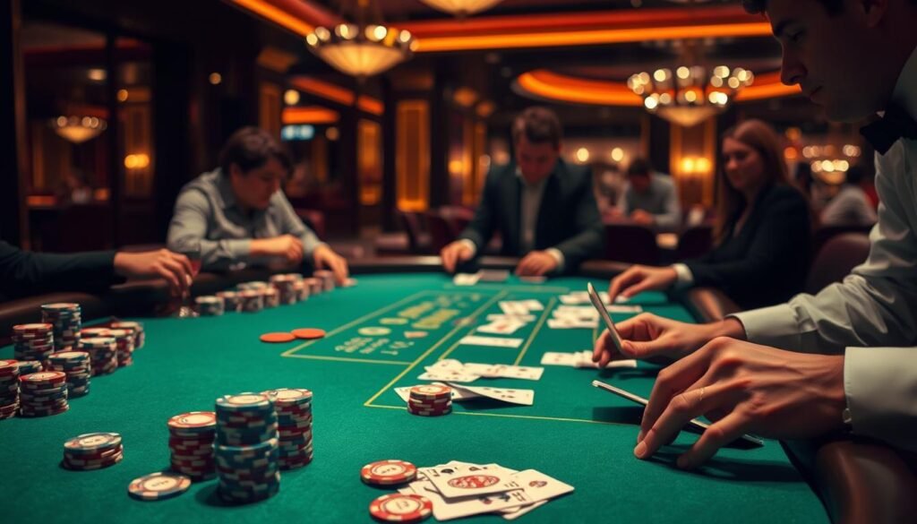 A dimly lit casino table, the green felt surface glowing under warm overhead lighting. Stacks of casino chips in various denominations line the edges, their colors creating a visually striking pattern. Hands move gracefully, placing bets, as players intently study the cards being dealt. The dealer, focused and precise, guides the game with practiced movements. In the background, the faint sounds of conversation and clinking glasses add to the immersive atmosphere. The scene conveys the strategic analysis of baccarat gameplay, the players weighing their options, seeking to understand the optimal approach to this classic casino game. A dimly lit casino table, the green felt surface glowing under warm overhead lighting. Stacks of casino chips in various denominations line the edges, their colors creating a visually striking pattern. Hands move gracefully, placing bets, as players intently study the cards being dealt. The dealer, focused and precise, guides the game with practiced movements. In the background, the faint sounds of conversation and clinking glasses add to the immersive atmosphere. The scene conveys the strategic analysis of baccarat gameplay, the players weighing their options, seeking to understand the optimal approach to this classic casino game.