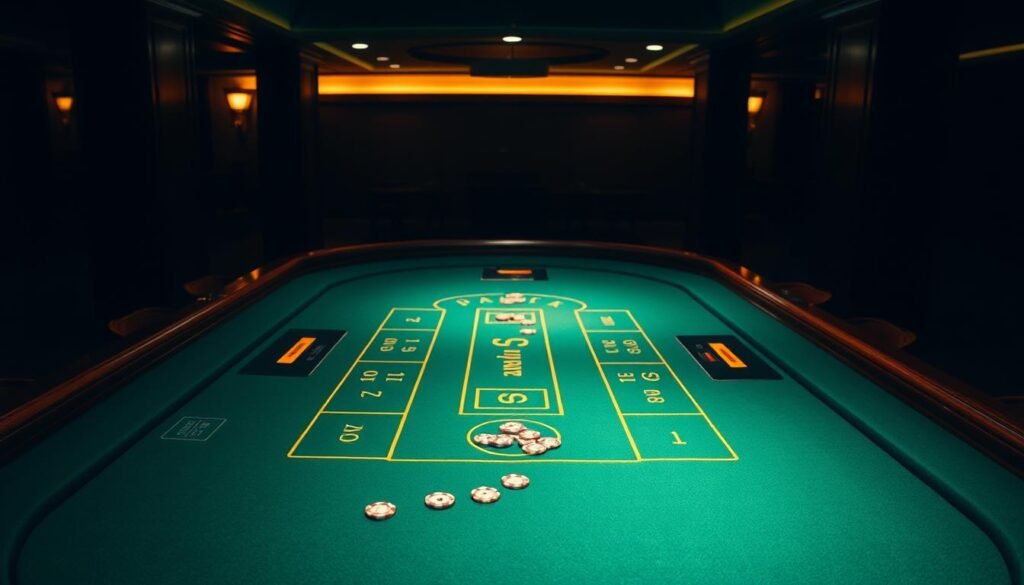 A dimly lit casino table, the green felt surface reflecting the soft glow of overhead lamps. Elegant wooden edges frame the table, exuding a sense of sophistication. At the center, the iconic Baccarat layout is visible, with its distinct areas for Player, Banker, and Tie bets. The table is empty, save for a few casino chips scattered across the layout, hinting at the strategic choices players must make. The scene conveys a mood of concentration and anticipation, inviting the viewer to explore the nuances of Baccarat gameplay and betting strategies. A dimly lit casino table, the green felt surface reflecting the soft glow of overhead lamps. Elegant wooden edges frame the table, exuding a sense of sophistication. At the center, the iconic Baccarat layout is visible, with its distinct areas for Player, Banker, and Tie bets. The table is empty, save for a few casino chips scattered across the layout, hinting at the strategic choices players must make. The scene conveys a mood of concentration and anticipation, inviting the viewer to explore the nuances of Baccarat gameplay and betting strategies.