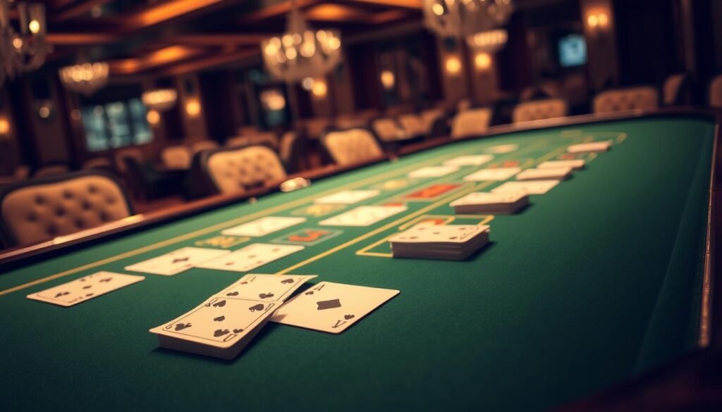A elegant casino table with a green felt surface, illuminated by warm overhead lighting. On the table, crisp white cards are carefully arranged, showcasing the classic rules and gameplay of Baccarat. The table's edges feature intricate gold detailing, creating a sense of sophistication. In the background, a blurred, luxurious casino interior with plush seating and chandeliers sets the opulent atmosphere. The image conveys the essence of Baccarat - a timeless, high-stakes game of chance and strategy, steeped in the allure of the casino experience. A elegant casino table with a green felt surface, illuminated by warm overhead lighting. On the table, crisp white cards are carefully arranged, showcasing the classic rules and gameplay of Baccarat. The table's edges feature intricate gold detailing, creating a sense of sophistication. In the background, a blurred, luxurious casino interior with plush seating and chandeliers sets the opulent atmosphere. The image conveys the essence of Baccarat - a timeless, high-stakes game of chance and strategy, steeped in the allure of the casino experience.