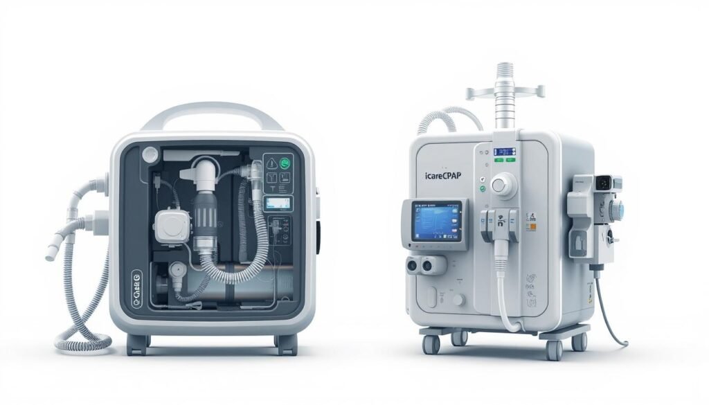 Highly detailed and accurate illustration of a sleep apnea CPAP machine and a mechanical ventilator, showcasing their distinct yet complementary roles in respiratory care. Precise schematics of the iCareCPAP device and a traditional ventilator, displayed side-by-side with a focus on their internal mechanisms, hoses, and control panels. Crisp, well-lit rendering with a clean, clinical aesthetic, emphasizing the technical and functional differences between these two essential respiratory devices. Convey the nuanced relationship and comparative importance of sleep apnea CPAP machines and mechanical ventilators in supporting patient health and breathing. Highly detailed and accurate illustration of a sleep apnea CPAP machine and a mechanical ventilator, showcasing their distinct yet complementary roles in respiratory care. Precise schematics of the iCareCPAP device and a traditional ventilator, displayed side-by-side with a focus on their internal mechanisms, hoses, and control panels. Crisp, well-lit rendering with a clean, clinical aesthetic, emphasizing the technical and functional differences between these two essential respiratory devices. Convey the nuanced relationship and comparative importance of sleep apnea CPAP machines and mechanical ventilators in supporting patient health and breathing.