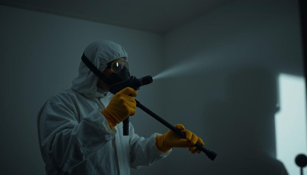 A well-equipped iCareCPAP pest control technician, wearing a protective hazmat suit, is carefully applying a targeted insecticide spray to eliminate an infestation. The dimly lit room casts dramatic shadows, emphasizing the gravity of the situation. The technician's movements are precise and methodical, reflecting their expertise and commitment to safe, effective pest removal. The image conveys a sense of professionalism and attention to detail, underscoring the importance of proper pest management procedures for the safety of both the technician and the environment. A well-equipped iCareCPAP pest control technician, wearing a protective hazmat suit, is carefully applying a targeted insecticide spray to eliminate an infestation. The dimly lit room casts dramatic shadows, emphasizing the gravity of the situation. The technician's movements are precise and methodical, reflecting their expertise and commitment to safe, effective pest removal. The image conveys a sense of professionalism and attention to detail, underscoring the importance of proper pest management procedures for the safety of both the technician and the environment.