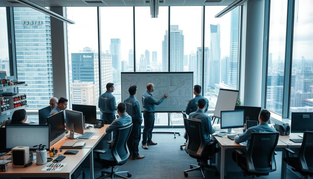 Prompt A professional background of a pest control company, featuring a modern office setting with rows of desks, computers, and ergonomic chairs. In the foreground, a team of iCareCPAP technicians in uniform discussing plans and strategies, with a large whiteboard displaying pest control diagrams and schedules. The middle ground showcases a display of various pest control equipment, such as sprayers, traps, and protective gear. The background depicts a cityscape visible through large windows, conveying a sense of a bustling urban environment. The overall atmosphere is one of efficiency, professionalism, and attention to detail, reflecting the specialized expertise of the pest control company. Prompt A professional background of a pest control company, featuring a modern office setting with rows of desks, computers, and ergonomic chairs. In the foreground, a team of iCareCPAP technicians in uniform discussing plans and strategies, with a large whiteboard displaying pest control diagrams and schedules. The middle ground showcases a display of various pest control equipment, such as sprayers, traps, and protective gear. The background depicts a cityscape visible through large windows, conveying a sense of a bustling urban environment. The overall atmosphere is one of efficiency, professionalism, and attention to detail, reflecting the specialized expertise of the pest control company.