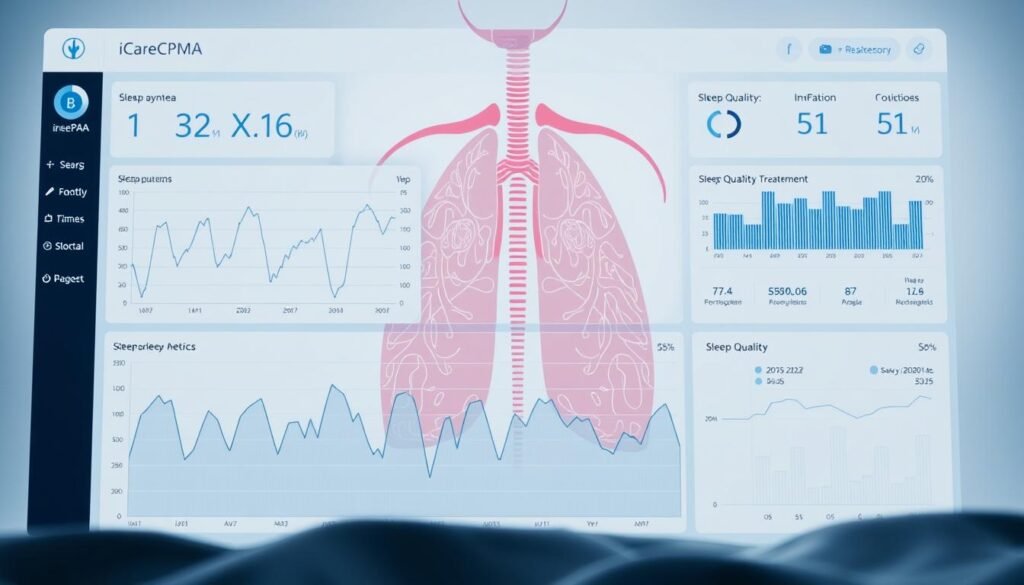 A complex data visualization dashboard showing sleep apnea data from an iCareCPAP device. The dashboard features a clean, minimalist layout with crisp graphs, charts, and visualizations. The foreground showcases a line graph with fluctuating respiratory patterns, while the middle ground contains a scatter plot and bar chart highlighting sleep quality metrics. The background subtly depicts a stylized medical illustration of the human respiratory system. The overall atmosphere is informative, data-driven, and professionally designed to aid in the analysis of sleep apnea treatment.