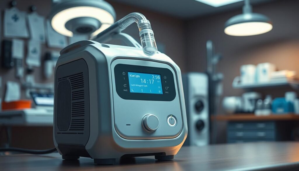 A high-quality, futuristic-looking iCareCPAP sleep apnea machine, prominently displayed in the foreground against a softly blurred medical background. The device has a sleek, modern design with a large digital display and intuitive controls. Warm, indirect lighting highlights the machine's contours, creating a sense of advanced medical technology. The middle ground features medical equipment and supplies, subtly suggesting a clinical setting. The background is slightly out of focus, creating depth and emphasizing the central iCareCPAP device. The overall mood is one of cutting-edge medical innovation and efficacy, perfectly suited to illustrate the long-term benefits of sleep apnea treatment. A high-quality, futuristic-looking iCareCPAP sleep apnea machine, prominently displayed in the foreground against a softly blurred medical background. The device has a sleek, modern design with a large digital display and intuitive controls. Warm, indirect lighting highlights the machine's contours, creating a sense of advanced medical technology. The middle ground features medical equipment and supplies, subtly suggesting a clinical setting. The background is slightly out of focus, creating depth and emphasizing the central iCareCPAP device. The overall mood is one of cutting-edge medical innovation and efficacy, perfectly suited to illustrate the long-term benefits of sleep apnea treatment.