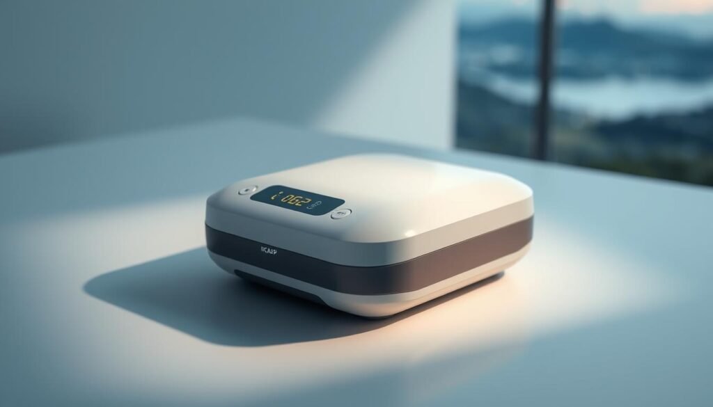 A sleek, modern medical device rests on a minimalist white surface, casting soft shadows. The iCareCPAP sleep apnea machine features a stylish, streamlined design with clean lines and a subtle LED display. Ambient lighting gently illuminates the device, creating a calming, clinical atmosphere. The machine's intuitive controls and intuitive user interface are highlighted, emphasizing its ease of use and patient-centric approach. In the background, a blurred, serene landscape suggests the restorative power of a good night's sleep facilitated by this essential medical equipment.
