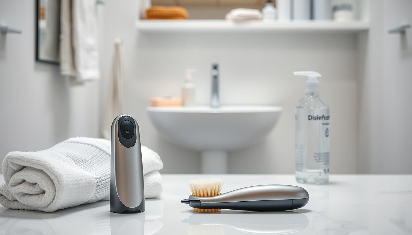 A clean and organized bathroom setting showcasing a step-by-step cleaning process for an electric male pleasure device. In the foreground, a detailed view of a hands-on cleaning setup with a sleek, modern electric device placed next to a soft, absorbent towel, a bottle of mild soap, and a soft brush. The middle ground features a sink with running water, illustrating the rinsing stage, while a clear bottle labeled 'disinfectant' is positioned nearby. In the background, a neatly arranged shelf displays additional cleaning tools and containers. The lighting is bright and even, creating a hygienic atmosphere, with a focus on clarity in details. The camera angle is slightly above the scene, capturing the entire workflow in a professional and organized manner, evoking a sense of cleanliness and proper hygiene practices.