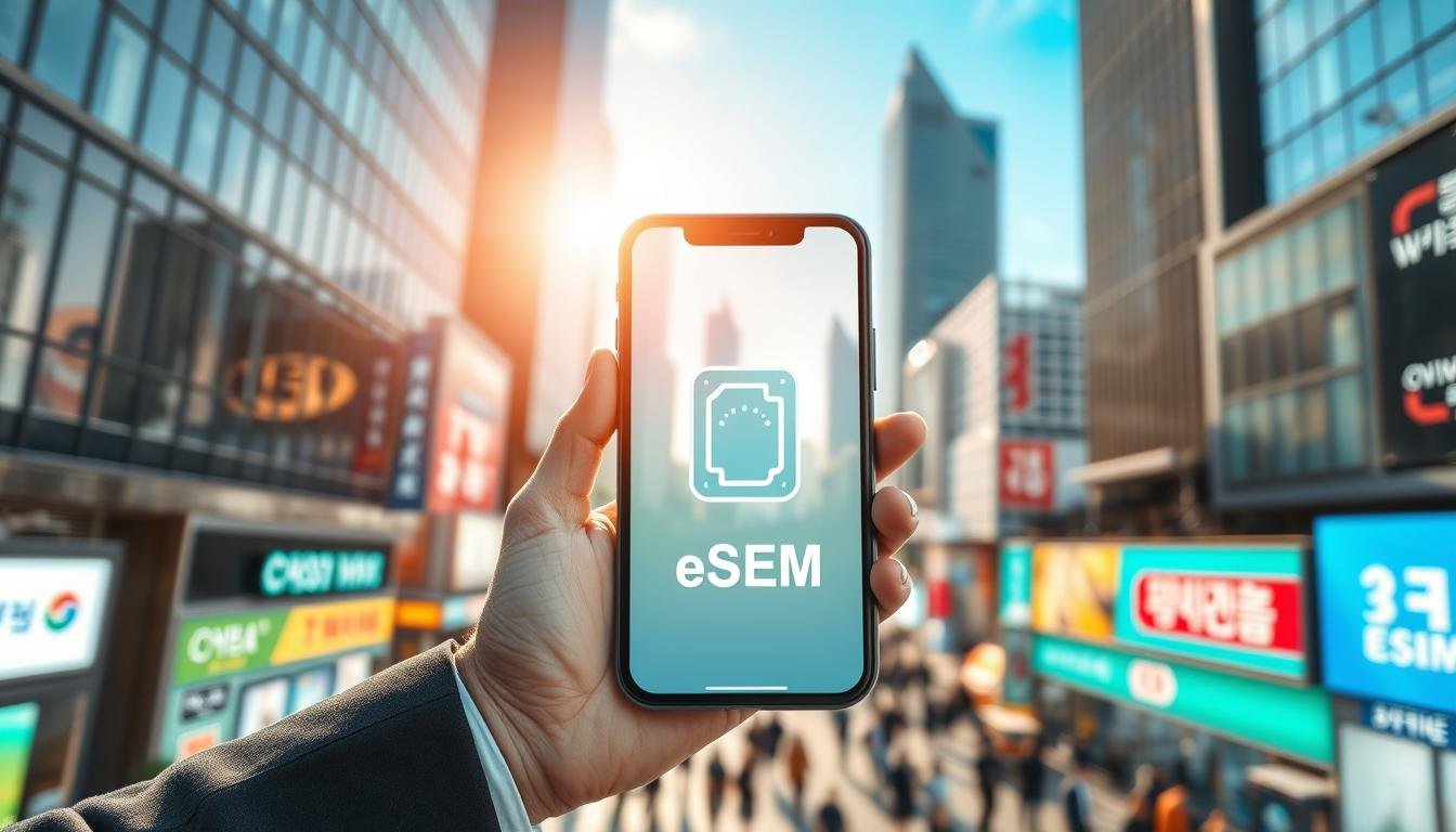 A high-tech scene depicting a smartphone displaying the stable eSIM connectivity icon against a backdrop of a bustling Korean cityscape, symbolizing modern digital communication. In the foreground, the smartphone is held by a person in professional business attire, showing a satisfied expression. The middle ground showcases a lively street filled with people and neon signs, highlighting South Korea’s vibrant tech culture. The background features sleek skyscrapers under a clear blue sky, emphasizing progress and connectivity. The lighting should evoke a bright, optimistic morning atmosphere, with sunlight reflecting off the buildings, creating a sense of hope and reliability in technology. Use a slightly blurred effect in the background to enhance focus on the smartphone, ensuring clarity and vibrancy of colors throughout the scene.
