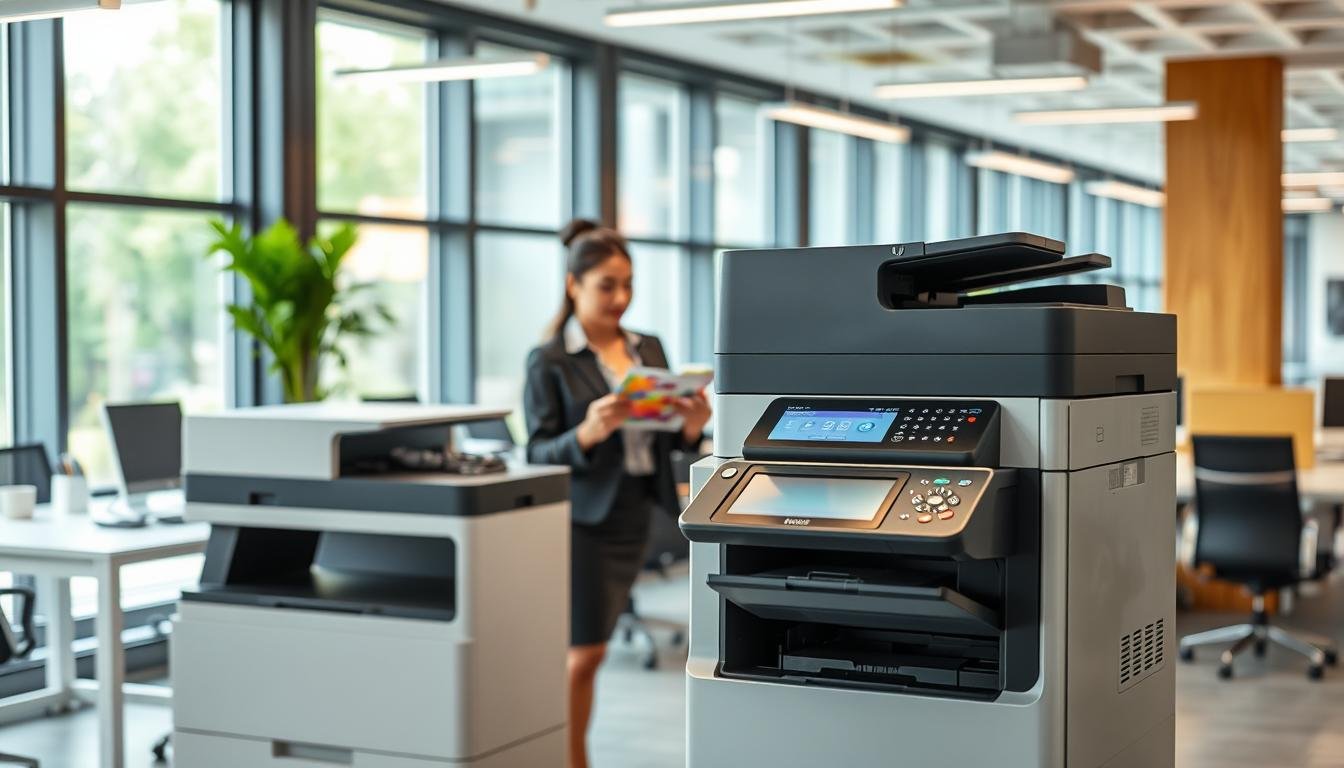 A modern office environment featuring an A3 color copier in action, positioned prominently in the foreground. The copier has a sleek design with vibrant LED indicators and an array of buttons. In the middle, a professional-looking woman in business attire is operating the machine, examining a colorful document as she appears focused and engaged. The background showcases a bright and airy office space with large windows allowing natural light to flood in, and neatly arranged desks with computers and office supplies. The overall atmosphere is productive and efficient, highlighting the crucial role of the A3 color copier in meeting diverse business needs. Use soft, diffused lighting to enhance the welcoming ambiance and keep the focus on the copier and user.