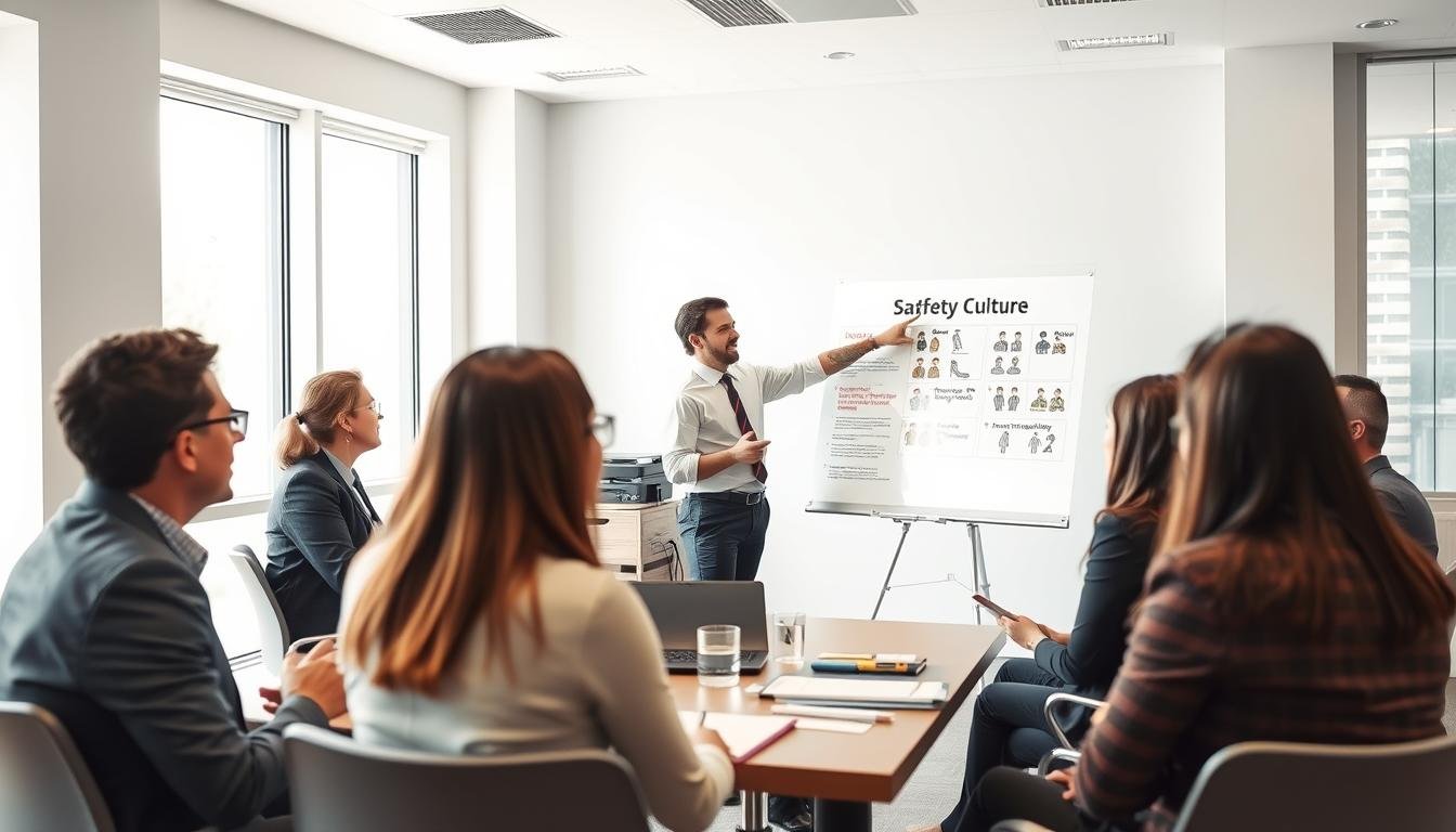 A professional training session on "平安咭課程" (Safety Card Training) takes place in a bright, well-lit conference room. In the foreground, a diverse group of engaged professionals, dressed in smart business attire, participate actively in the training, with some taking notes and others discussing in small groups. In the middle ground, a knowledgeable instructor stands at a whiteboard, pointing at visual aids related to safety culture and personal responsibility, embodying leadership and enthusiasm. The background features large windows allowing natural light to flood in, creating an uplifting atmosphere. The overall mood is focused yet collaborative, highlighting the importance of safety awareness. The scene conveys a sense of professionalism, engagement, and shared responsibility in fostering a safe work environment.
