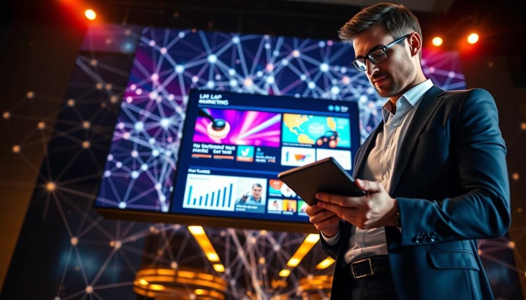 A visually striking composition depicting the concept of "line lap" marketing strategies with a focus on lap advertisements. In the foreground, showcase a professional businessperson in smart casual attire, analyzing digital charts and analytics on a tablet. In the middle, depict a large digital screen displaying colorful lap ad designs that utilize vibrant graphics and enticing visuals. The background features an abstract representation of interconnected lines and nodes symbolizing the digital marketing landscape, bathed in warm lighting to create an inviting atmosphere. Use a dynamic angle from slightly below eye level to emphasize the subject’s engagement with the screen, conveying excitement and innovation in marketing strategies. The overall mood should be professional yet invigorating, inspiring a sense of opportunity and advancement in advertising.