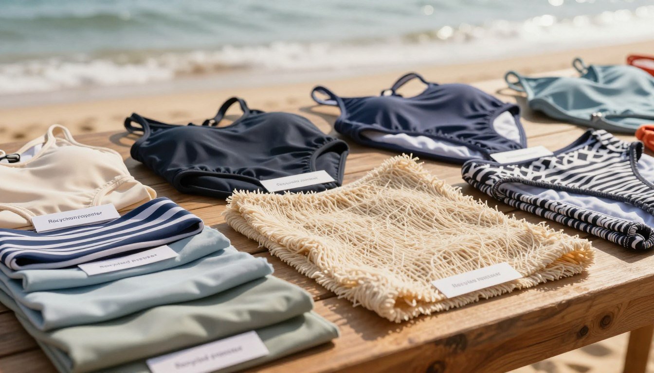 A close-up display of various swimsuit materials arranged artfully on a wooden surface, showcasing textures and colors that reflect their environmental impact. The foreground features different fabrics—such as recycled polyester, nylon, and natural fibers—layered neatly with labels identifying each material. The middle ground focuses on the intricate weaves and patterns of the textiles, caught in soft, warm lighting that highlights their unique qualities. In the background, a blurred beach scene with gentle waves evokes a serene atmosphere, reinforcing the connection to aquatic environments. The image should be natural yet polished, capturing an informative and inviting ambiance, with a 4:3 aspect ratio to emphasize the details of the materials.