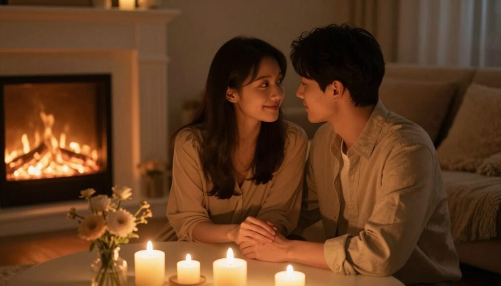 A cozy and intimate setting depicting a couple enjoying a romantic moment together. The foreground features a softly lit table adorned with soft candlelight and delicate flowers, creating a warm ambiance. In the middle, the couple, dressed in elegant yet modest attire, share a subtle, affectionate exchange, reflecting closeness and emotional connection. The background showcases a softly glowing fireplace, with plush seating and warm colors that enhance the intimate atmosphere. The lighting is warm and inviting, casting gentle shadows that accentuate the scene's romance. The composition should evoke a sense of serenity and affection, with a cinematic vibe that captures the deep bond between the partners, framed in a 4:3 aspect ratio. A cozy and intimate setting depicting a couple enjoying a romantic moment together. The foreground features a softly lit table adorned with soft candlelight and delicate flowers, creating a warm ambiance. In the middle, the couple, dressed in elegant yet modest attire, share a subtle, affectionate exchange, reflecting closeness and emotional connection. The background showcases a softly glowing fireplace, with plush seating and warm colors that enhance the intimate atmosphere. The lighting is warm and inviting, casting gentle shadows that accentuate the scene's romance. The composition should evoke a sense of serenity and affection, with a cinematic vibe that captures the deep bond between the partners, framed in a 4:3 aspect ratio.