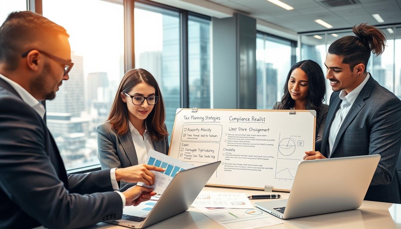 A modern office setting focused on tax planning and compliance management, depicting a diverse team of four professionals in business attire engaged in a discussion over financial documents and digital devices. In the foreground, a confident woman with glasses points at charts on a laptop, while a man beside her reviews a financial report. The middle layer features a whiteboard with tax planning strategies and compliance checklists. The background showcases a large window offering a view of a bustling cityscape, illuminating the room with natural light, creating a warm and productive atmosphere. The overall scene conveys collaboration and professionalism, emphasizing the practical value of OneStart audit services in financial preparation.
