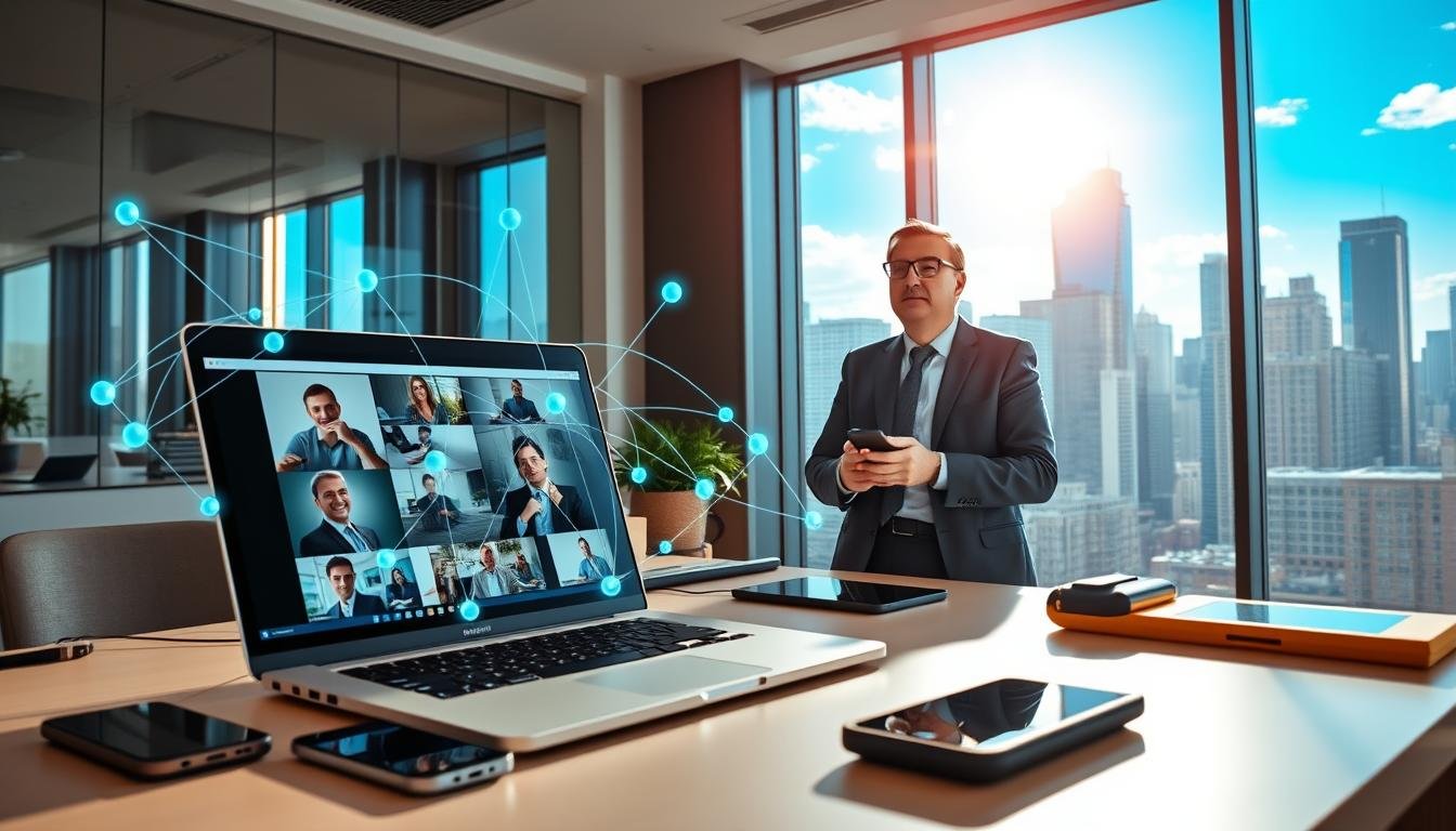 A professional setting showcasing the advantages and features of OceanEsim mobile network solutions. In the foreground, a sleek desktop setup with a laptop open to a video conferencing interface, surrounded by modern gadgets like smartphones and tablets, all connected to a vibrant digital network graphic symbolizing stability. In the middle ground, an engaged business professional, dressed in a smart casual outfit, is talking animatedly during an online meeting, exuding confidence and focus. The background features a dynamic cityscape with tall buildings and a vivid blue sky, reflecting a global connectivity theme. Natural light streams in through an office window, casting a warm glow, creating a productive and inspiring atmosphere. The overall mood is one of innovation, professionalism, and seamless technology integration.