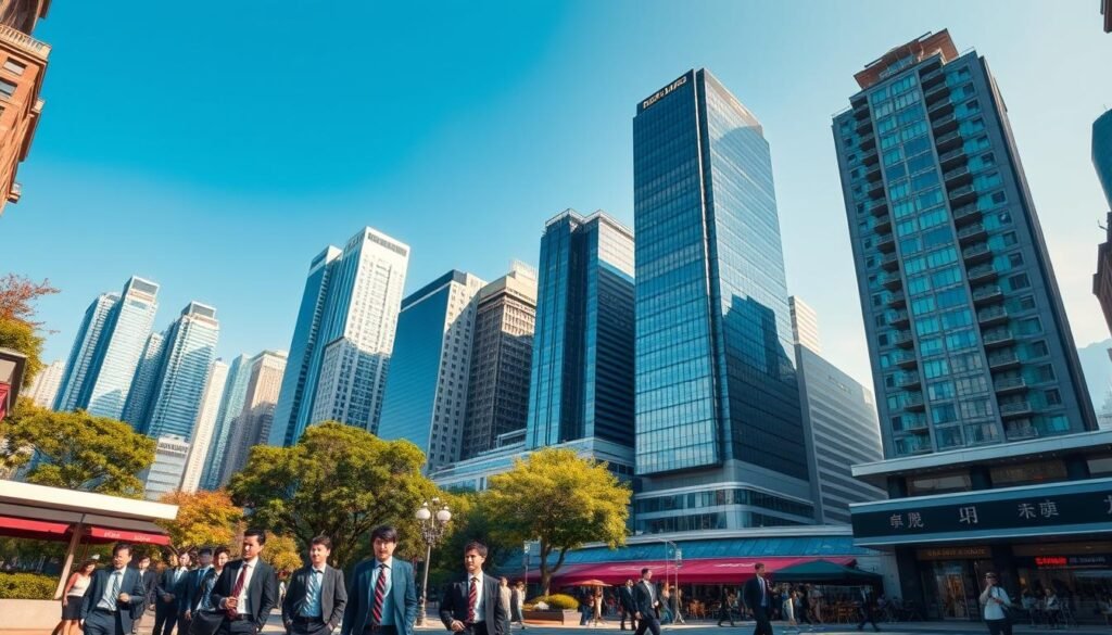 A view of the Wan Chai business district, showcasing the iconic Grade A office buildings under a clear blue sky. In the foreground, a vibrant urban scene with professionals in smart business attire walking briskly. The middle ground features modern glass skyscrapers, reflecting sunlight, while trees and landscaped areas add greenery. The background reveals the dynamic skyline of Wan Chai, with a bustling street filled with cafes and shops. Capture a bright and bustling atmosphere during mid-afternoon, with warm sunlight illuminating the scene. Use a wide-angle lens to enhance the sense of depth, showcasing the blend of architecture and daily urban life, emphasizing the economic vibrancy of Wan Chai.