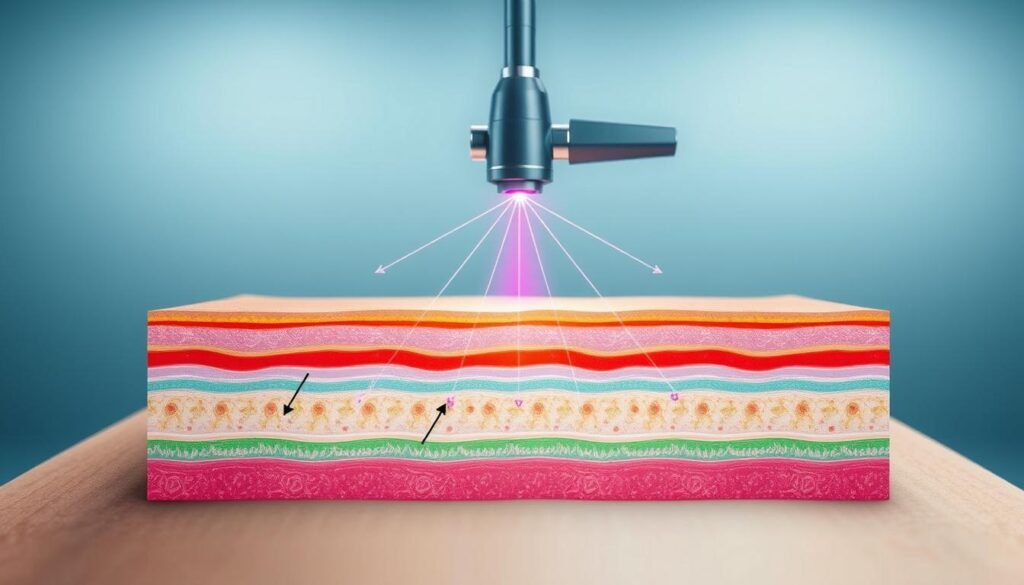 A detailed, technical diagram illustrating the principle of laser spot removal, focusing on the interaction between laser beams and skin layers. In the foreground, show a close-up of the skin's surface, with various skin layers labeled and highlighted, demonstrating the absorption and dispersion of laser energy. In the middle ground, depict a laser device emitting focused beams towards the skin, with arrows indicating the direction and effect of the laser. The background should feature a subtle gradient to emphasize the clinical environment, suggesting a dermatological or medical setting. Use soft, diffused lighting to create a clean and professional atmosphere. The color palette should include blues, greens, and skin tones for a calming effect, ensuring all elements are clearly defined and easy to understand.