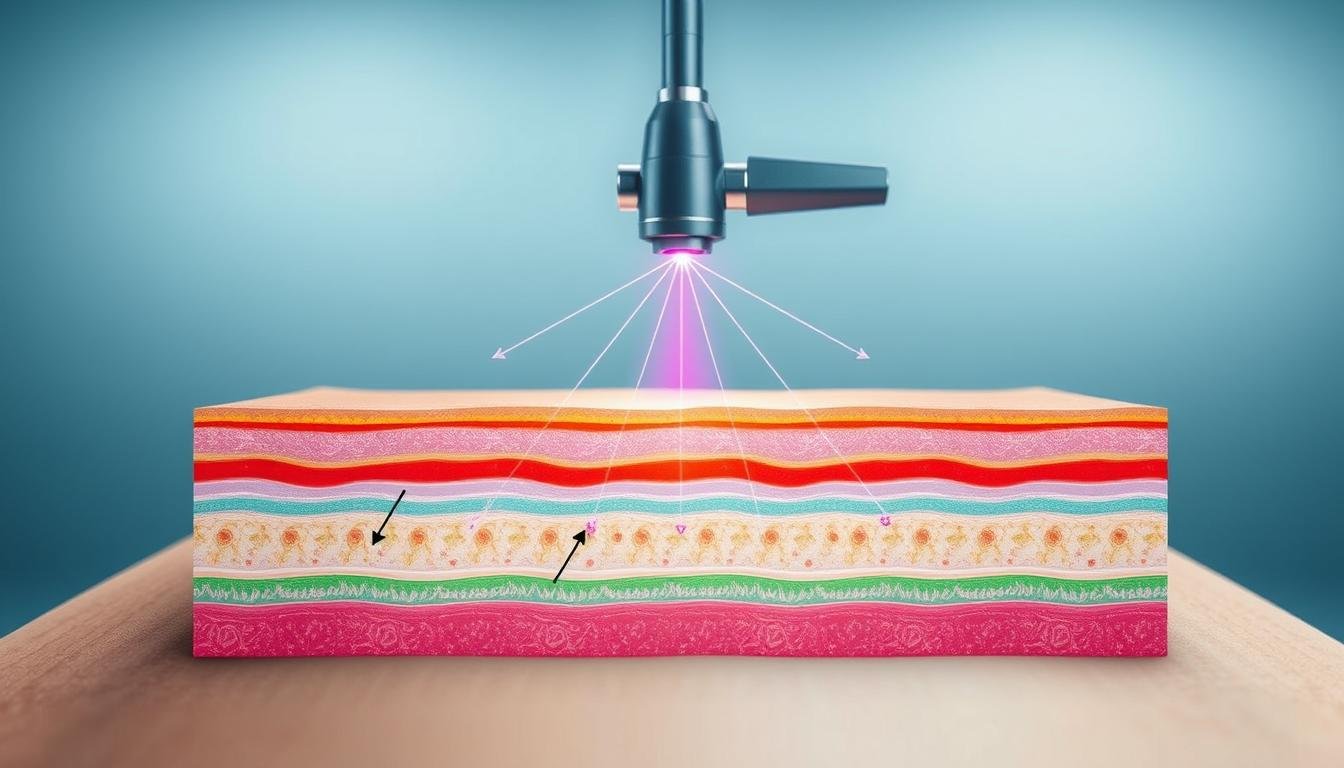 A detailed, technical diagram illustrating the principle of laser spot removal, focusing on the interaction between laser beams and skin layers. In the foreground, show a close-up of the skin's surface, with various skin layers labeled and highlighted, demonstrating the absorption and dispersion of laser energy. In the middle ground, depict a laser device emitting focused beams towards the skin, with arrows indicating the direction and effect of the laser. The background should feature a subtle gradient to emphasize the clinical environment, suggesting a dermatological or medical setting. Use soft, diffused lighting to create a clean and professional atmosphere. The color palette should include blues, greens, and skin tones for a calming effect, ensuring all elements are clearly defined and easy to understand.