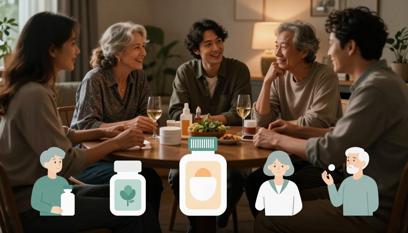 A visually engaging infographic depicting the trend analysis of adults across different age groups using personal wellness products. In the foreground, include simplified graphic icons representing various age groups, such as young adults, middle-aged, and seniors, each interacting with stylized representations of wellness products in a tasteful manner. The middle layer can feature a heartwarming scene of diverse individuals engaging in discussions about product benefits in a cozy, intimate setting. The background should showcase soft, warm lighting that creates a cinematic vibe, enhancing the sense of comfort and openness. Use a 4:3 aspect ratio to ensure a balanced composition, capturing a mood of shared experiences and modern wellness trends while maintaining professionalism and modesty.