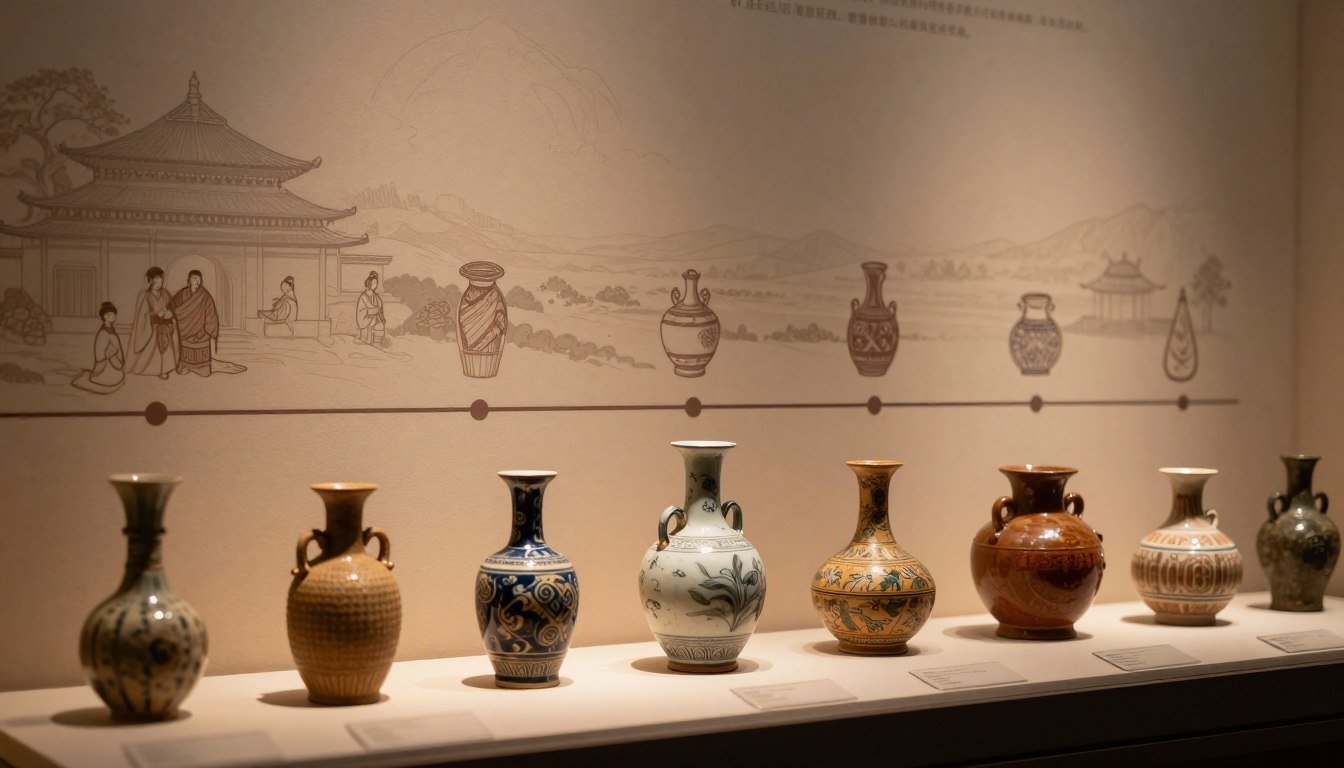 An artistic representation of the evolution of traditional cultural artifacts, showcasing a progression through different historical periods. In the foreground, display beautifully designed replicas of various artifacts with intricate details and textures, such as ceramics and textiles, each reflecting its era's aesthetic. The middle ground features a timeline structure with elegant outlines, connecting each artifact with subtle artistic flourishes. In the background, depict a serene historical landscape, hinting at different cultures over time, with warm, soft lighting filtering through, creating a cozy and intimate atmosphere. Use a cinematic lens effect to enhance depth, focusing on the elegance of the artifacts while evoking a sense of nostalgic history. The composition should maintain a harmonious balance, all within a 4:3 aspect ratio.