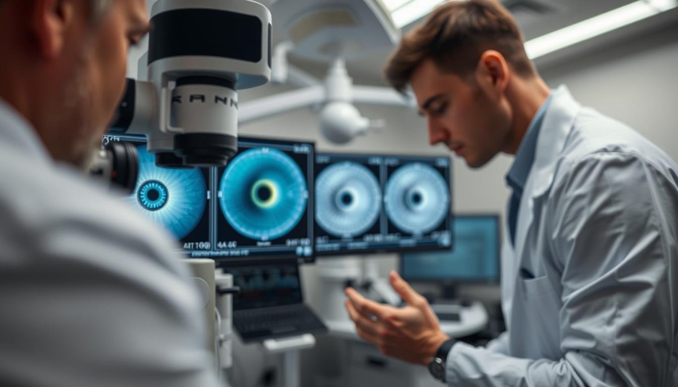 A clinical setting showcasing a detailed process of corneal curvature measurement for cataract treatment. In the foreground, a medical professional in a lab coat uses advanced diagnostic equipment, focusing on a patient's eye. The middle ground features a high-resolution display screen showing corneal topography maps, highlighting curvature details essential for precise intraocular lens calculations. The background includes blurred medical instruments and soft overhead lights, creating a sterile atmosphere. The scene conveys a sense of professionalism and care, emphasizing the importance of accurate measurements in cataract surgery. Soft, diffused lighting enhances the clinical environment, and the perspective is slightly angled to showcase both the patient and the sophisticated technology involved.