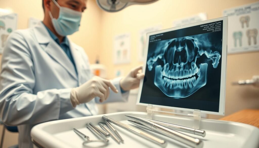 A dentist's office setting focused on the intricate process of wisdom tooth surgery risk assessment. In the foreground, a professional dentist in a white lab coat, wearing surgical gloves and a mask, examines an X-ray of a patient's mouth, highlighting impacted wisdom teeth. The middle ground features dental instruments neatly arranged on a sterilized tray, emphasizing the surgical environment. In the background, soft, warm lighting creates a calm and clinical atmosphere, with posters on the wall explaining dental procedures. The scene is captured from a slightly elevated angle, providing a comprehensive view of the dental workspace, evoking a sense of precision and care in addressing surgical risks.