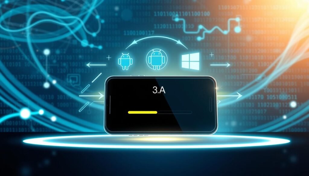 A professional and visually engaging illustration depicting the auto-update mechanism of "3A" entertainment app. In the foreground, a sleek, modern smartphone displays the app interface, showing the update progress bar prominently. The middle layer features icons representing different operating systems (iOS, Android, Windows) interconnected with arrows, symbolizing compatibility and seamless updates. In the background, abstract digital patterns and binary code create a tech-savvy atmosphere, enhancing the concept of automation and connectivity. The lighting is bright and futuristic, with a slight glow around the smartphone to emphasize its significance. The overall mood is innovative and dynamic, showcasing the cutting-edge technology of the 3A auto-update system in a professional manner.