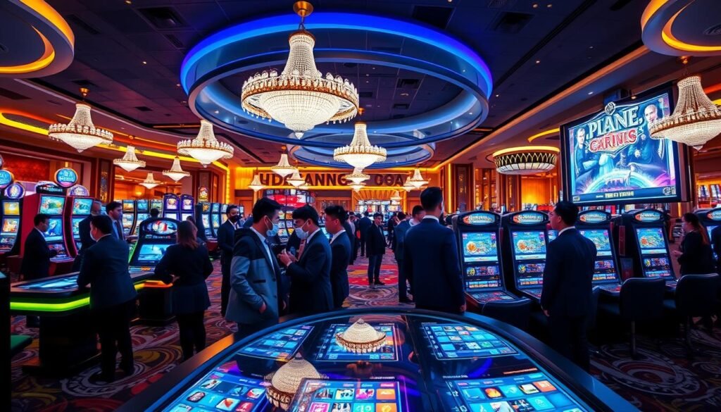 A vibrant digital casino environment showcasing the game experience at "3A" Entertainment City. In the foreground, a modern gaming table with sleek, high-tech interfaces, surrounded by players in professional business attire experiencing the excitement. The middle ground features large screens displaying immersive game graphics and a variety of gaming options, all elegantly illuminated by colorful LED lights. The background is filled with a luxurious casino atmosphere, complete with sparkling chandeliers and an inviting ambiance. The lighting is dynamic, casting a warm glow over the scene, suggesting a bustling and engaging gaming experience. The angle should capture a panoramic view, emphasizing both the action at the tables and the sophisticated design of the space.