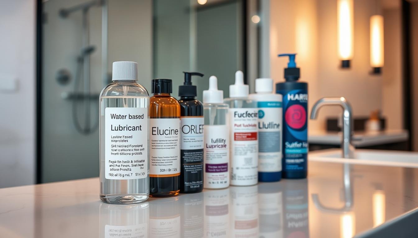 A close-up image of a variety of lubricant bottles displayed on a sleek, modern countertop, harmoniously arranged to showcase their unique features. The foreground features an elegant bottle of water-based lubricant, with labels emphasizing skin safety and compatibility with silicone products. In the middle, there are several other lubricant types, all designed for use with electric and inflatable silicone toys, with a focus on clear, informative packaging. The background features a softly lit, minimalist bathroom setting, with reflections on the countertop hinting at a clean and inviting atmosphere. The lighting is soft and warm, creating a soothing mood that emphasizes the importance of health and safety in personal care products. The composition should inspire trust and professionalism, suitable for educational content.