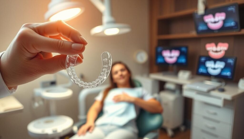 A detailed dental clinic scene showcasing the process of Invisalign adjustments. In the foreground, a close-up view of a clear Invisalign aligner held by a professional orthodontist wearing a white coat, examining it against a light source to highlight its clarity. The middle ground features a patient comfortably seated in a dental chair, looking relaxed and supported by soft lighting that emphasizes a soothing atmosphere. In the background, dental tools and digital screens displaying treatment progress can be seen, hinting at advanced technology. The overall mood is calm and reassuring, with a focus on precision and care in orthodontic treatment. Warm, natural lighting creates a welcoming environment, while ensuring that all subjects are portrayed in a professional context.