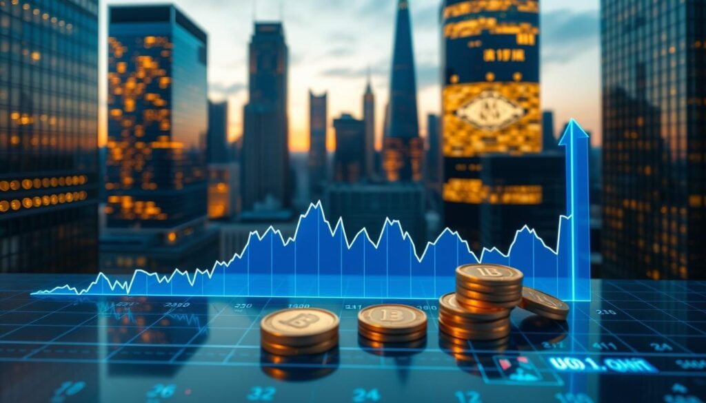 A detailed financial chart showcasing the recent trend analysis of gold prices measured in "one qian." The foreground features a vivid, dynamic line graph with fluctuating values, highlighted against a sleek, modern digital background. The middle layer includes relevant gold coins, symbolizing investment opportunities, placed artfully around the graph. The background presents a city skyline at dusk, with warm lighting reflecting off glass buildings, creating a professional and hopeful atmosphere. Use a wide-angle lens effect to enhance depth. Incorporate blue and gold color palettes to signify prosperity and wealth. The overall mood should evoke a sense of informed optimism about investment trends in the gold market, capturing the essence of financial analysis.