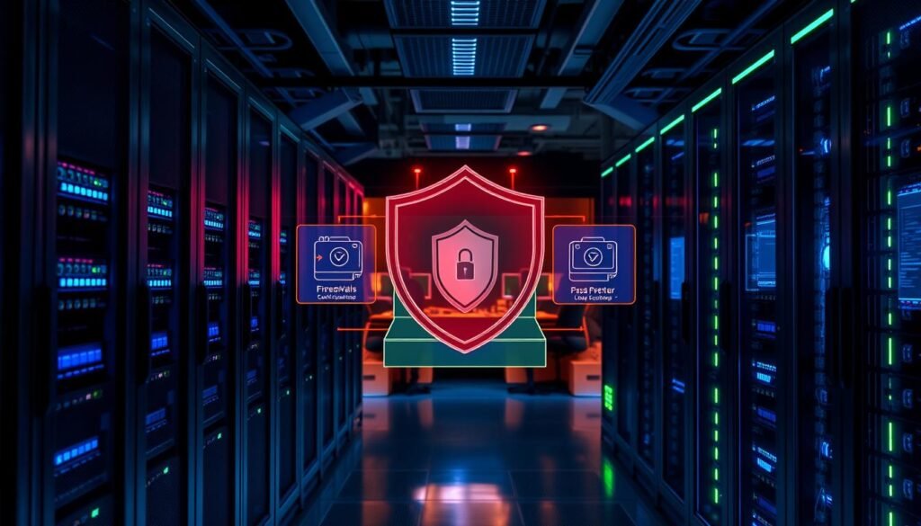 A high-tech server room interior showcasing the advanced defense architecture of a gaming server, with sleek, modern server racks in the foreground, illuminated by blue and green LED lights. In the middle, a detailed visual representation of layered security mechanisms, including firewalls and DDoS protection systems, displayed as holographic screens. The background features a secure operations center with technicians in professional attire monitoring multiple screens. The atmosphere is tense yet focused, embodying a high-stakes environment ready to combat cyber threats. The image should capture the essence of cutting-edge technology and robust security design, with a sharp focus and dramatic lighting that emphasizes the importance of safeguarding against DDoS attacks.