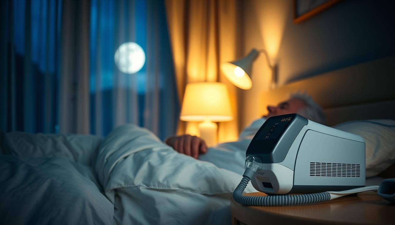 A serene and inviting bedroom scene at night, featuring an elderly man peacefully sleeping with a modern CPAP machine beside him on the nightstand. The foreground includes a well-lit, comfort-focused ambiance with soft bedding and a gentle bedside lamp casting warm light. In the middle of the image, the CPAP machine is clearly visible, highlighting its sleek design and tubing, symbolizing its benefits for restful sleep. The background shows a softly blurred window with sheer curtains allowing moonlight to filter in, enhancing the calming atmosphere. The overall mood is tranquil and reassuring, emphasizing the importance of sleep health for seniors, with a focus on comfort and well-being in their nightly routine. The composition should have a balanced angle, showcasing both the sleeping man and the CPAP machine effectively.
