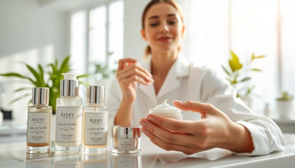 A serene skincare scene focused on post-treatment care after a pico laser spot removal procedure. In the foreground, a carefully arranged skincare routine featuring elegant bottles of serums and moisturizers with soft, calming labels. A hand gently applies a cream, showcasing a well-groomed individual with healthy skin, dressed in light, professional attire with a relaxed expression. The middle ground illustrates an inviting bathroom setting with natural light streaming in through a large window, reflecting soft pastel tones. In the background, potted plants add a touch of greenery, enhancing the atmosphere of rejuvenation and tranquility. The overall mood is peaceful and refreshing, emphasizing the importance of modified skincare after a treatment. Ensure the image is clear and sharp, ideally captured with a soft focus on the background for an artistic effect.