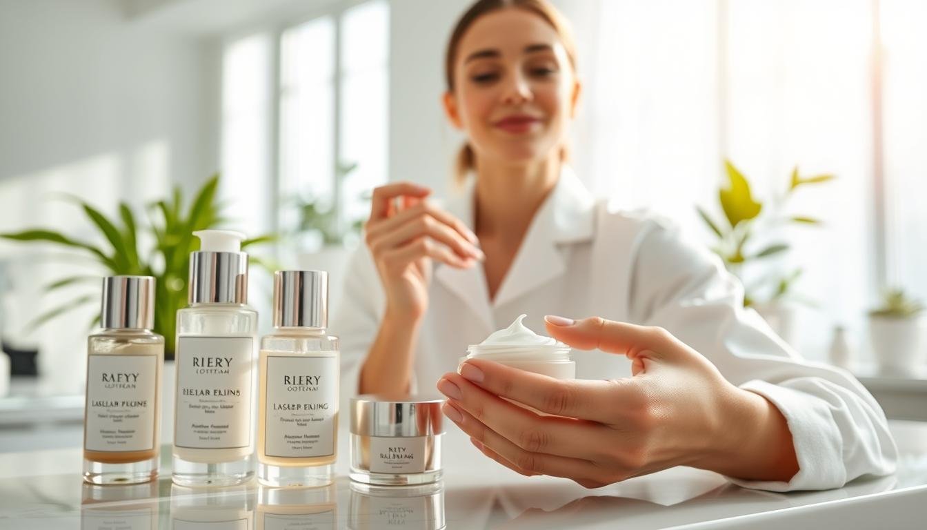 A serene skincare scene focused on post-treatment care after a pico laser spot removal procedure. In the foreground, a carefully arranged skincare routine featuring elegant bottles of serums and moisturizers with soft, calming labels. A hand gently applies a cream, showcasing a well-groomed individual with healthy skin, dressed in light, professional attire with a relaxed expression. The middle ground illustrates an inviting bathroom setting with natural light streaming in through a large window, reflecting soft pastel tones. In the background, potted plants add a touch of greenery, enhancing the atmosphere of rejuvenation and tranquility. The overall mood is peaceful and refreshing, emphasizing the importance of modified skincare after a treatment. Ensure the image is clear and sharp, ideally captured with a soft focus on the background for an artistic effect.